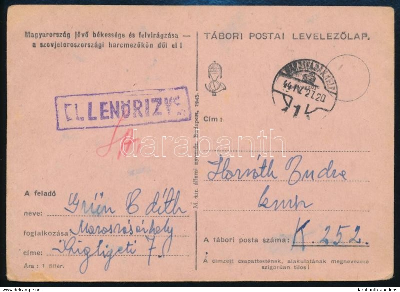 1944 Munkaszolgálatosnak Küldött Levelez?lap Cenzúrázva - Other & Unclassified