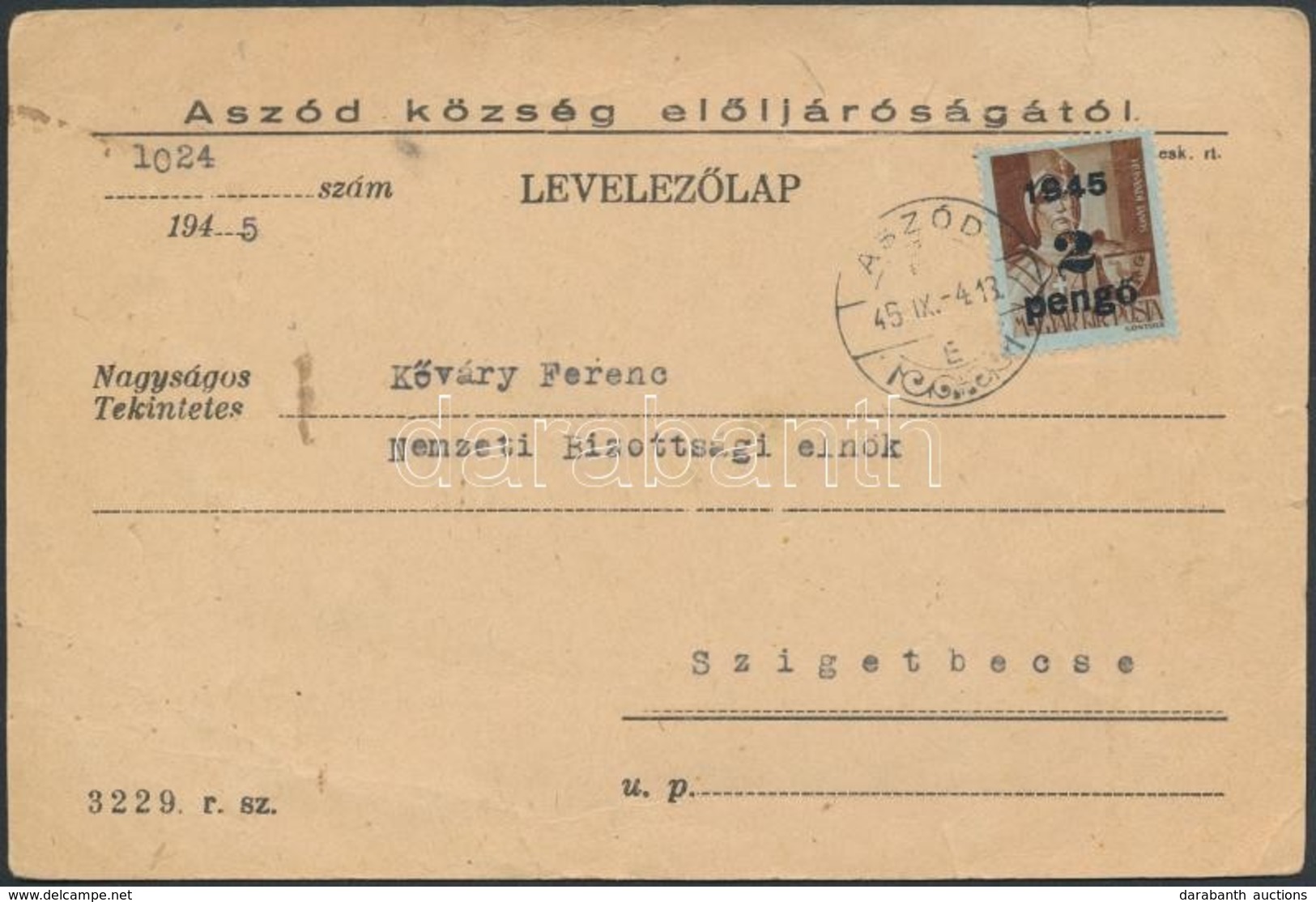 1945 (2. Díjszabás) Távolsági Levelez?lap 'ASZÓD' - Autres & Non Classés