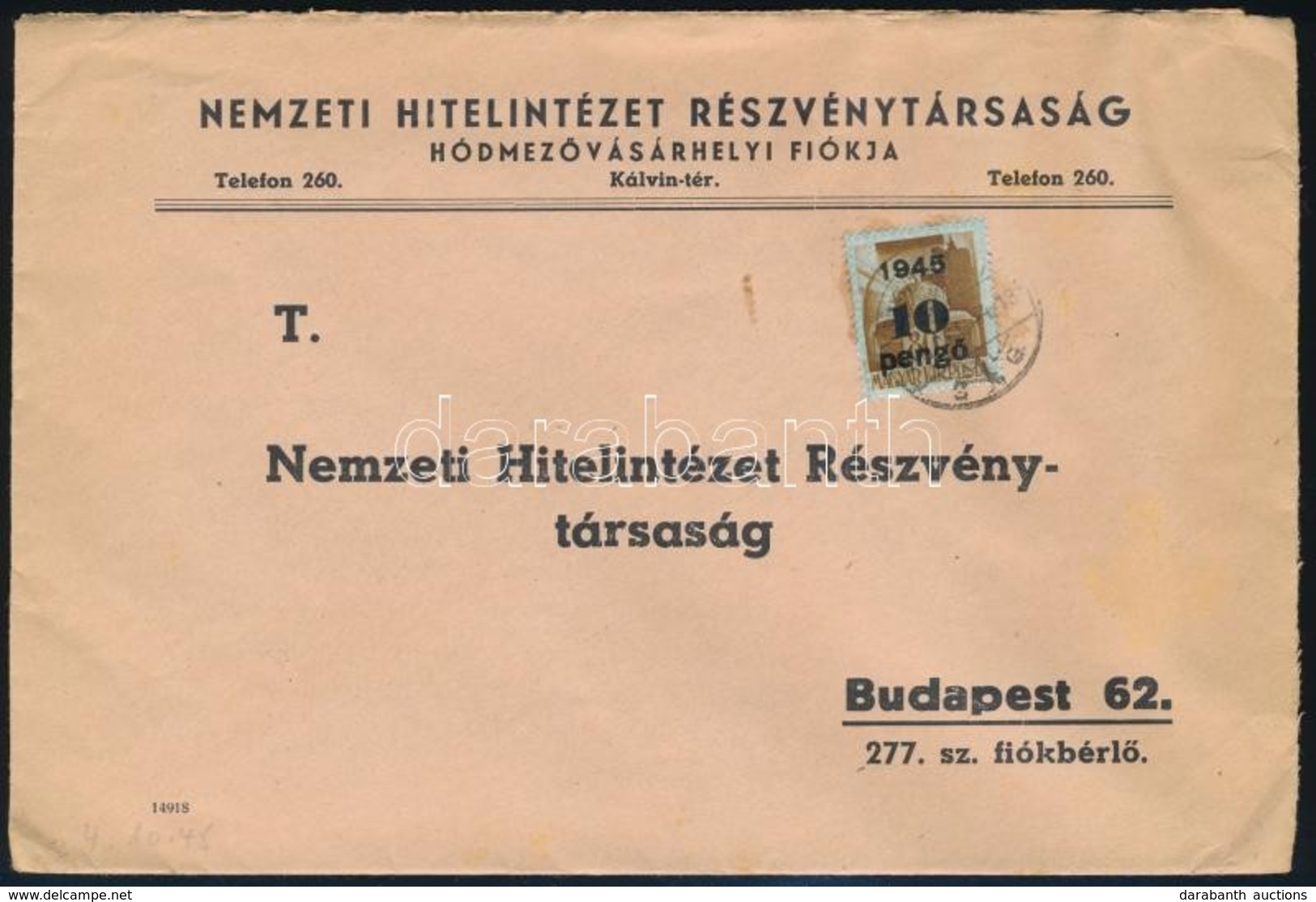 1945 (3. Díjszabás) Távolsági Levél Kisegít? 10P/80f Bérmentesítéssel - Andere & Zonder Classificatie