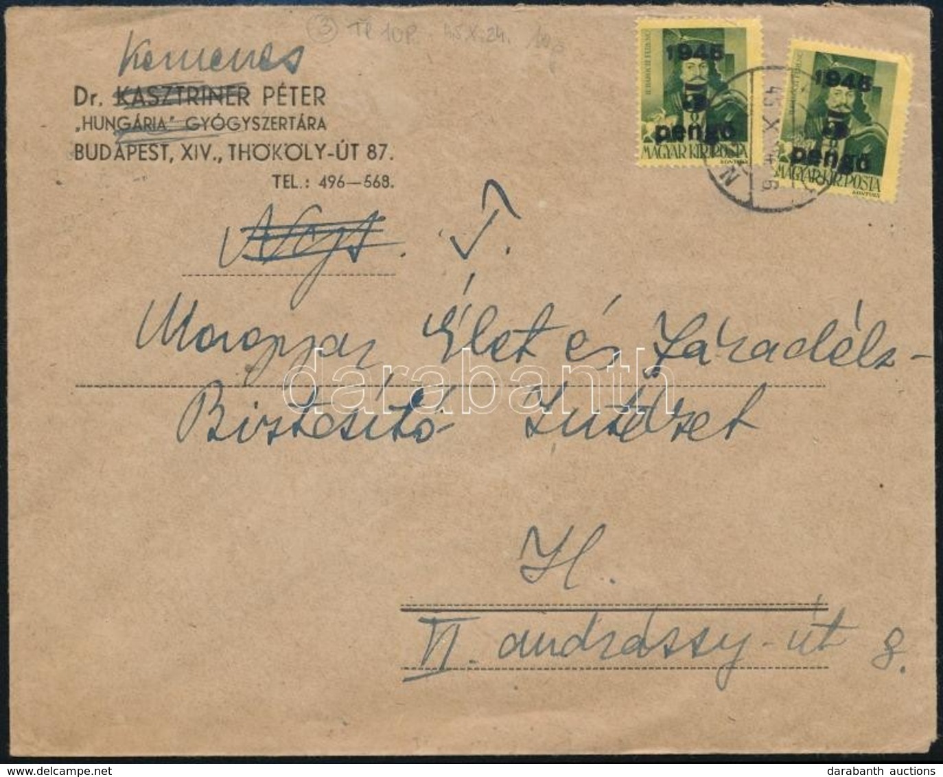 1945 (3. Díjszabás) Távolsági Levél Kisegít? 2 X 5P/8f Bérmentesítéssel - Other & Unclassified