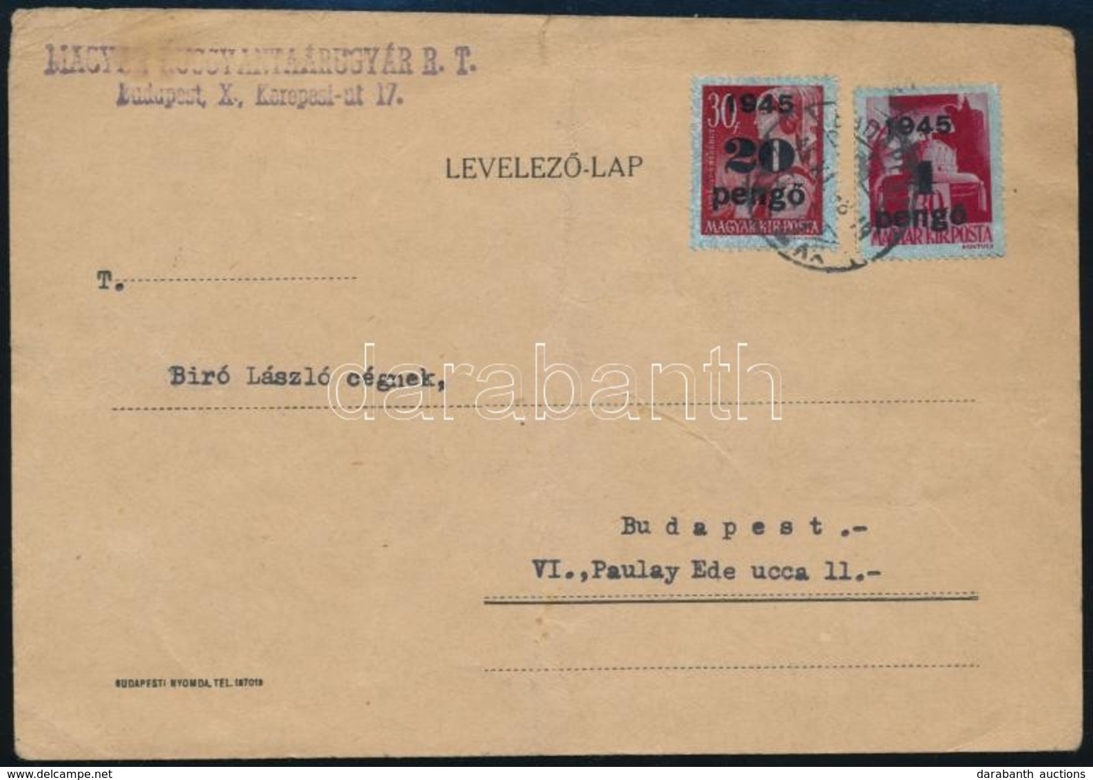 1945 (4. Díjszabás) Helyi Levelez?lap Kisegít? 4P/30f + 20P/30f Bérmentesítéssel - Sonstige & Ohne Zuordnung