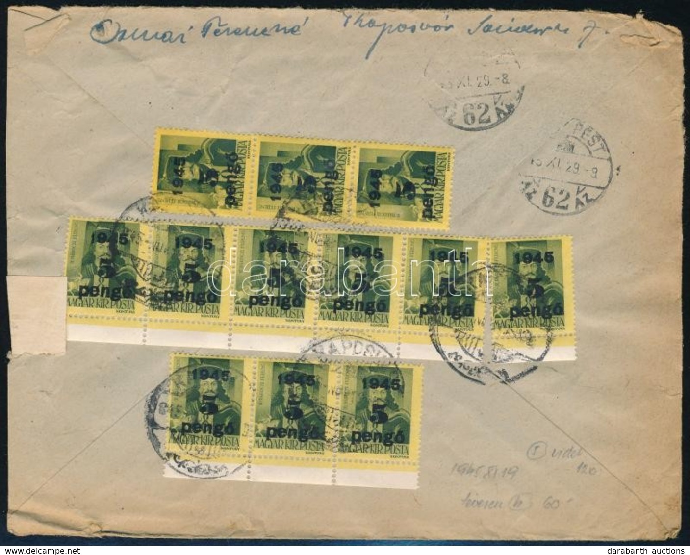 1945 (5. Díjszabás) Távolsági Fogolylevél Kisegít? 12 X 5P/8f Bérmentesítéssel, 30P-vel Alul Bérmentesítve - Other & Unclassified