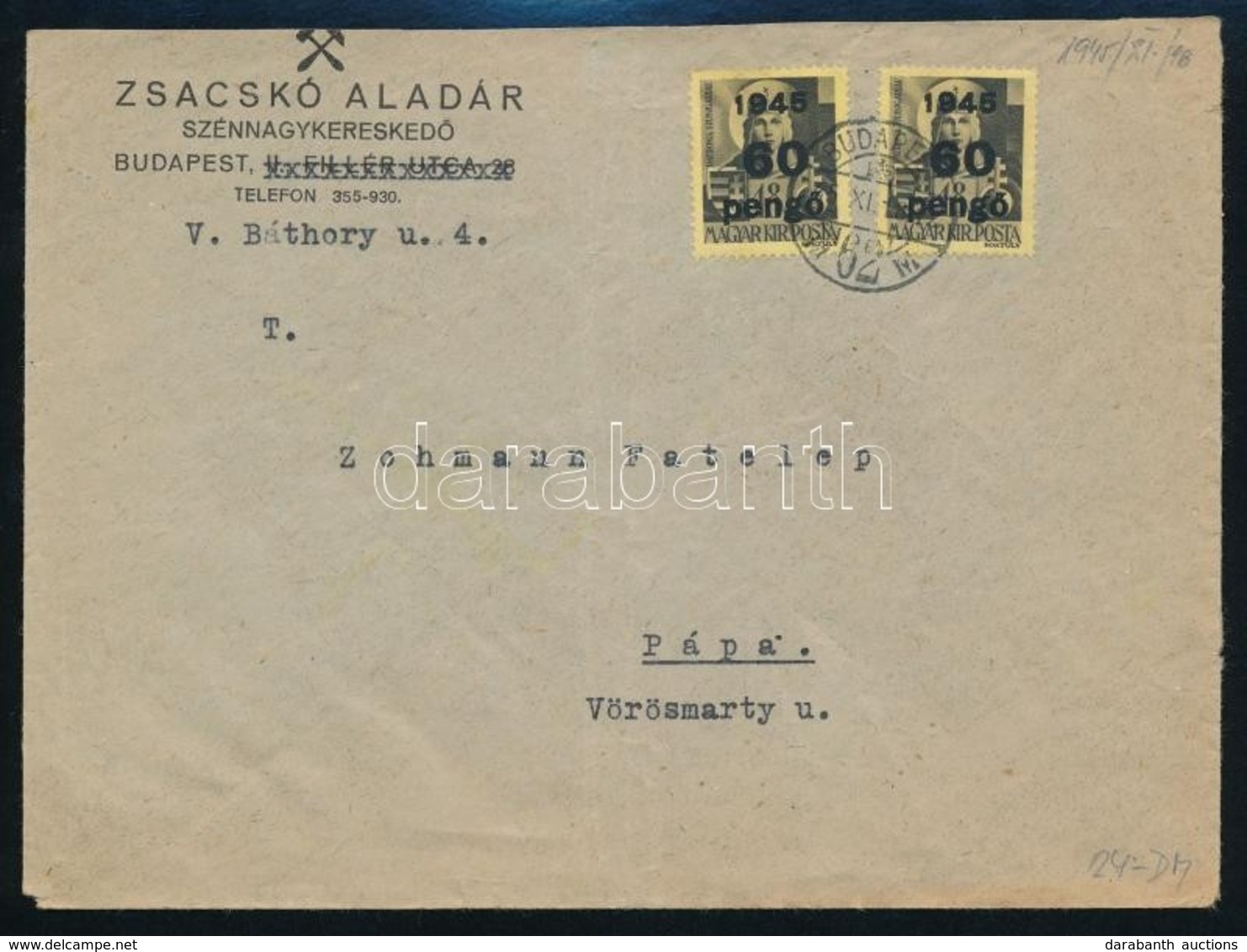 1945 (5. Díjszabás) Távolsági Levél Kisegít? 2 X 60P/18f Bérmentesítéssel - Autres & Non Classés