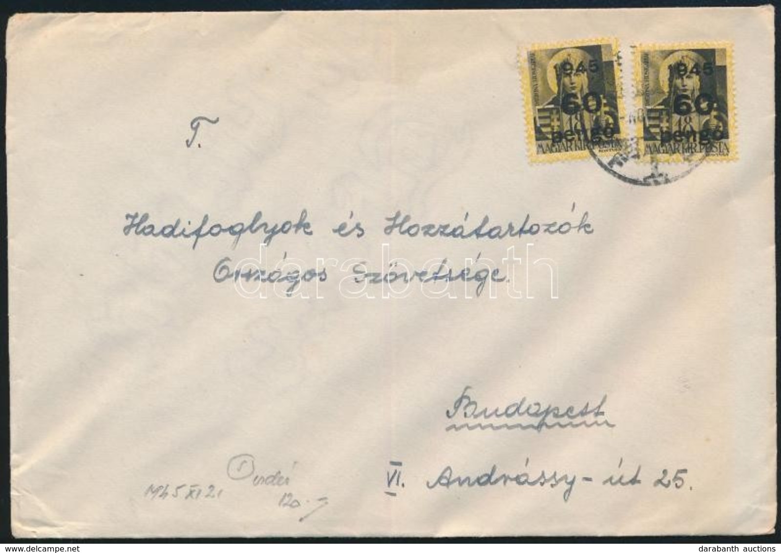 1945 (5. Díjszabás) Távolsági Levél Kisegít? 2 X 60P/18f Bérmentesítéssel - Autres & Non Classés