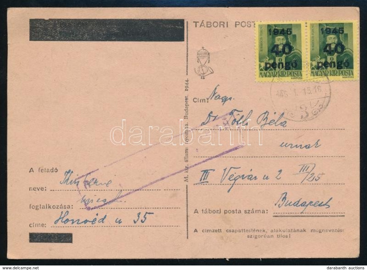 1946 (6. Díjszabás) Távolsági Levelez?lap Kisegít? 2 X 10P/8f Bérmentesítéssel, Az El?z? Díjszabás Szerint Bérmentesítve - Other & Unclassified