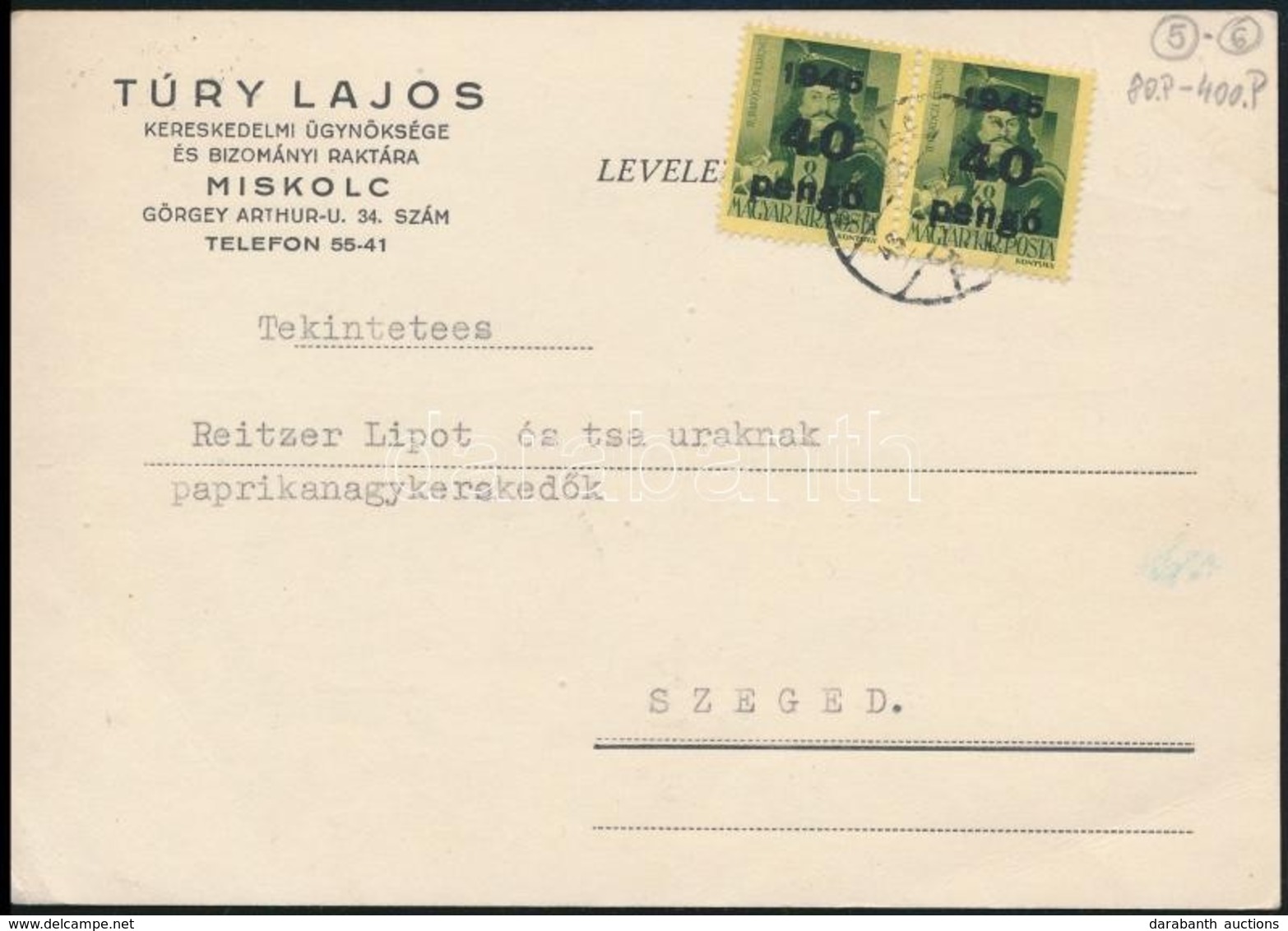 1946 (6. Díjszabás) Távolsági Levelez?lap Kisegít? 2 X 40P/8f Bérmentesítéssel, Az El?z? Díjszabás Szerint Bérmentesítve - Other & Unclassified