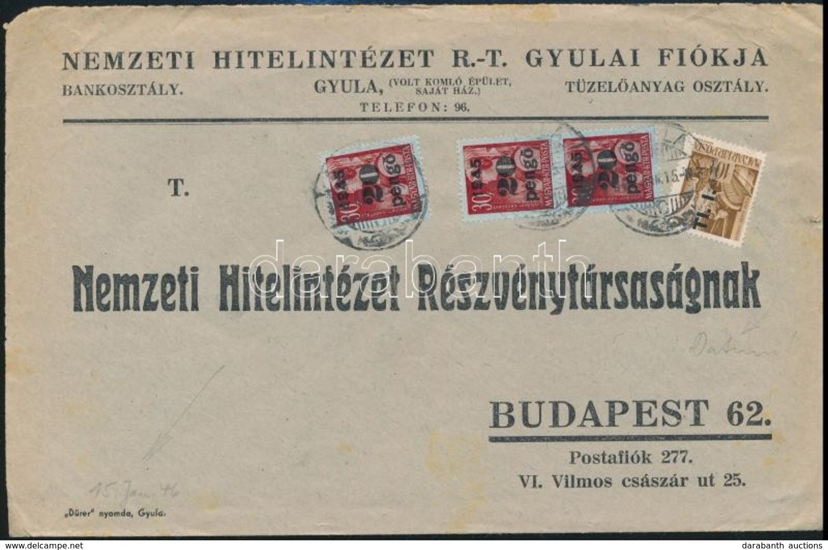 1946 (6. Díjszabás) Távolsági Levél Kisegít? 3 X 20P/30f + Bet?s TI. I./10f Bérmentesítéssel, 60P-vel Túlbérmentesítve - Autres & Non Classés