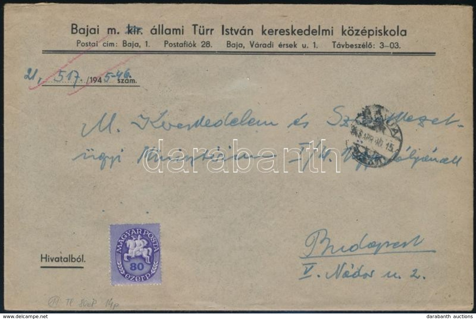 1946 (11. Díjszabás) Távolsági Levél Lovasfutár 80eP Bérmentesítéssel - Autres & Non Classés