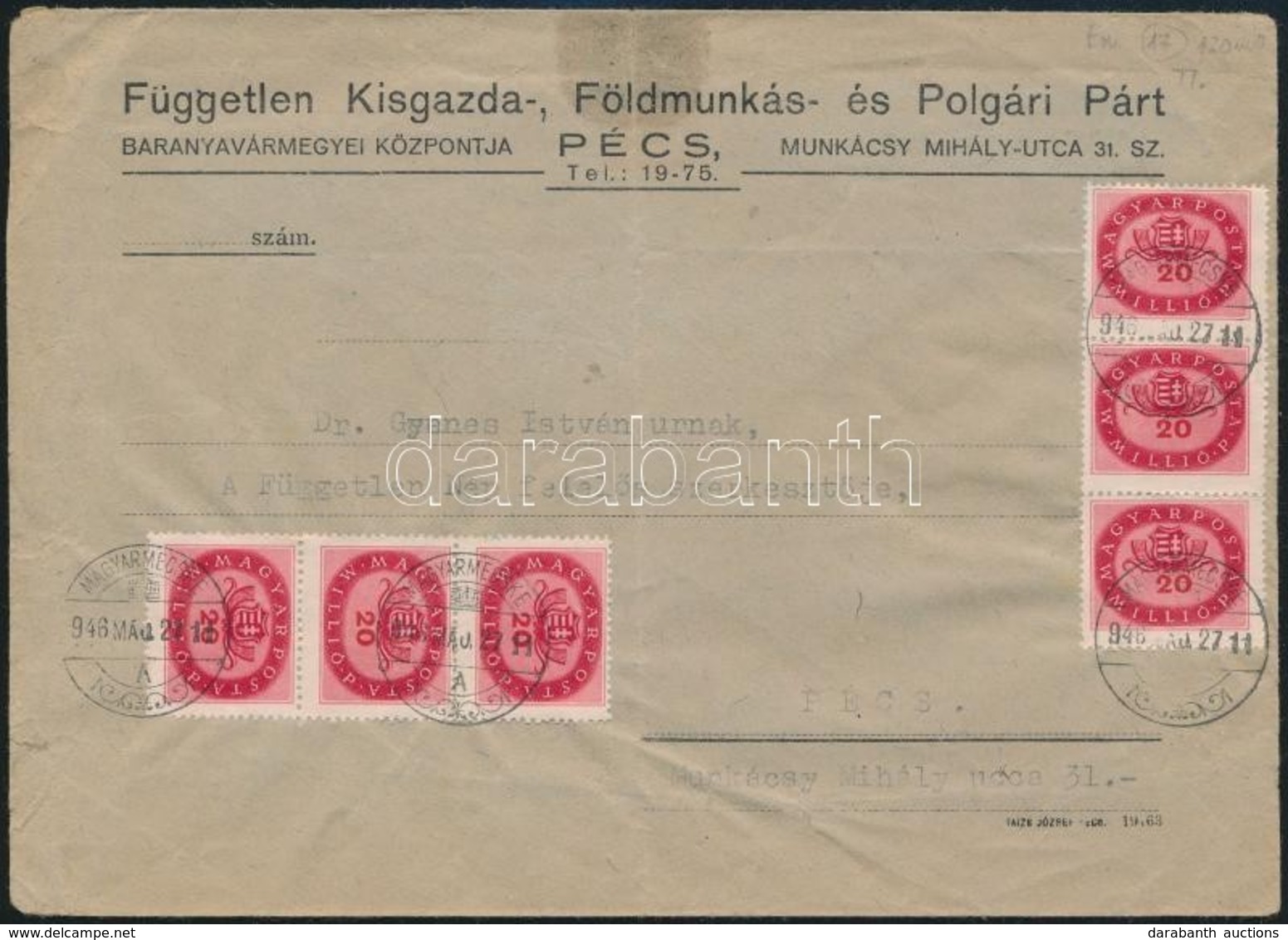 1946 (17. Díjszabás) Távolsági Levél Milliós 6 X 20mP Bérmentesítéssel - Altri & Non Classificati