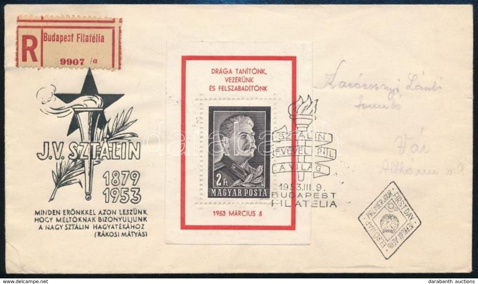 1953 Sztálin-gyász Blokk Ajánlott FDC-n (6.500) - Andere & Zonder Classificatie