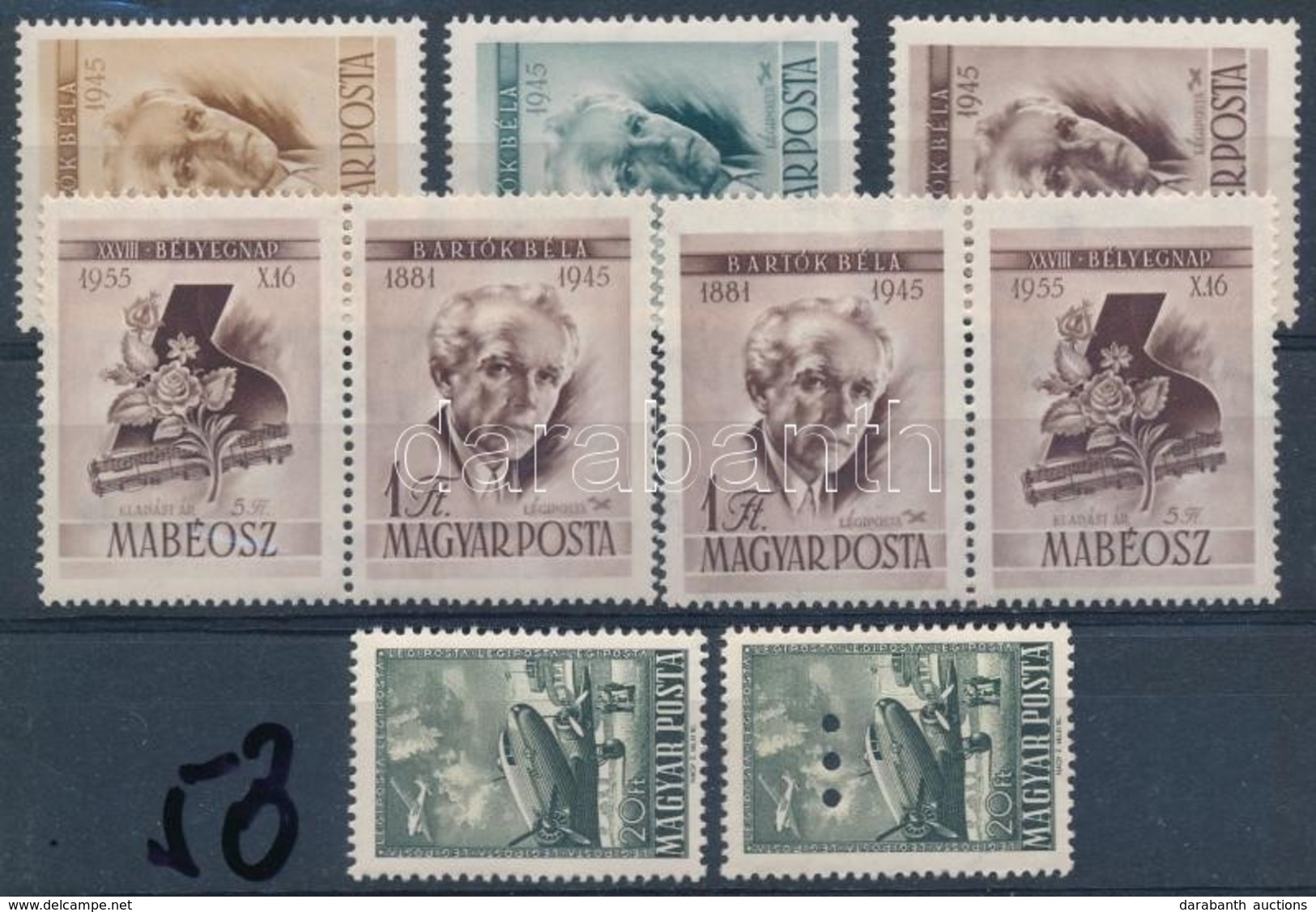 ** 1955-1957 Bartók Sor, Bartók Jobb és Bal Szelvénnyel, 2 Db Repül? 20 Ft-os (az Egyik Hármaslyukasztással) (10.400) - Other & Unclassified