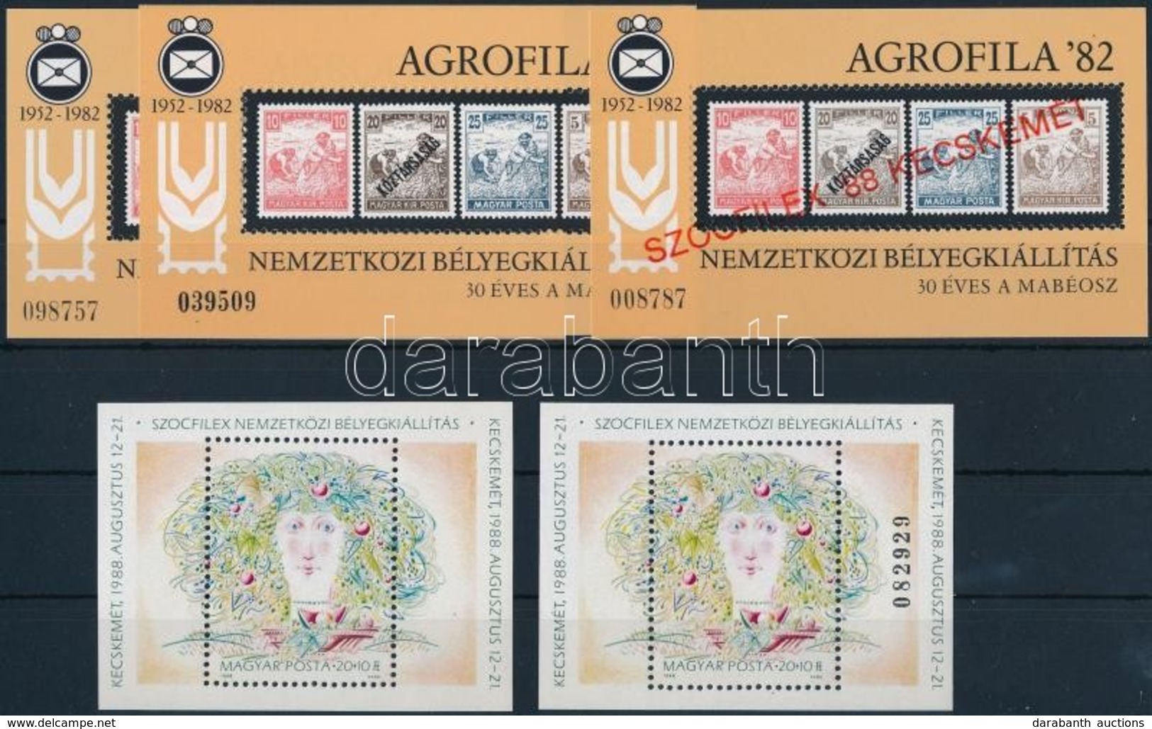 ** 1982 Agrofila Emlékív Vékony és Vastag Sorszámmal + 1988 Szocfilex Kecskemét Emlékív + 1988 Szocfilex 2 Db Blokk Sors - Andere & Zonder Classificatie