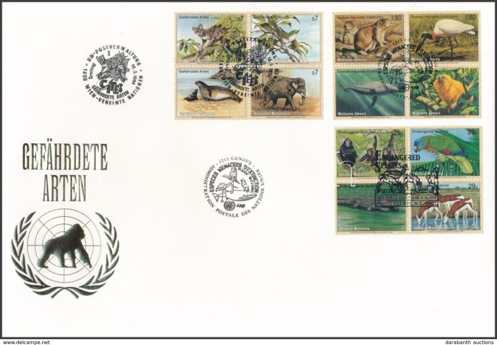 Bécs, Genf, New York 1994 Veszélyeztetett állatok 3 Klf Négyestömb Mi 162-165, 245-248, 663-666 FDC-n - Sonstige & Ohne Zuordnung