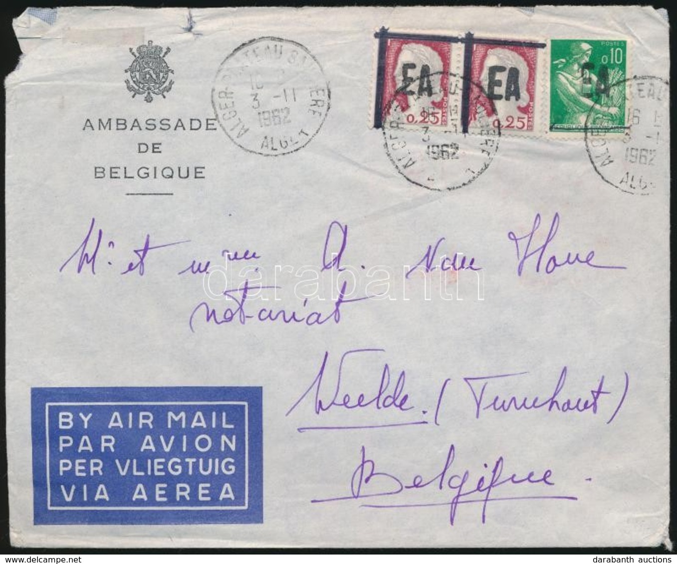 1962 Független Algéria, Légi Levél Belgiumba Felülnyomott Bélyegekkel / Airmail Cover To Belgium With Overprinted Stamps - Autres & Non Classés