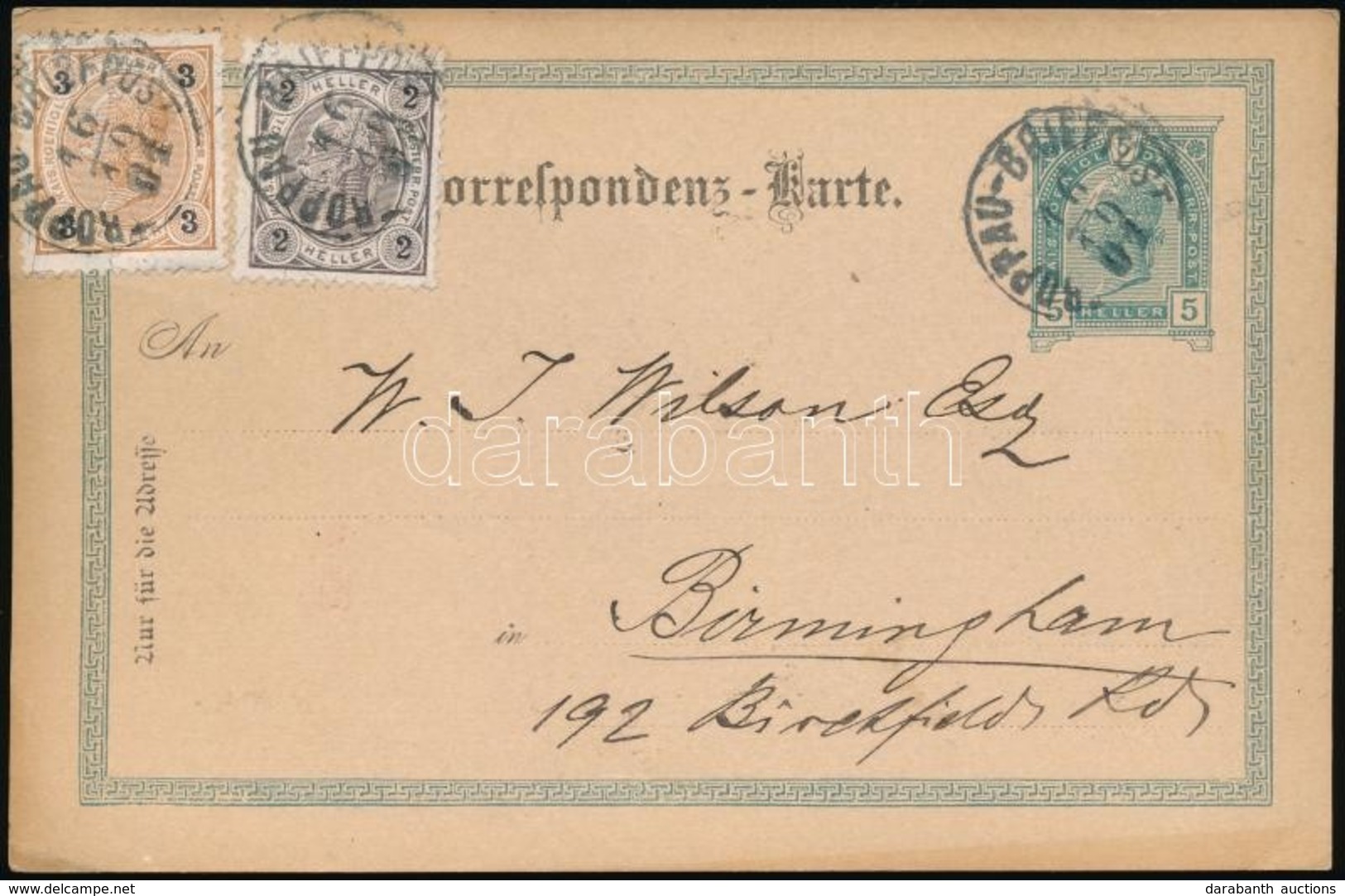 1901 Díjkiegészített Díjjegyes Levelez?lap Birminghambe / PS-card With Additional Franking To Birmingham - Andere & Zonder Classificatie