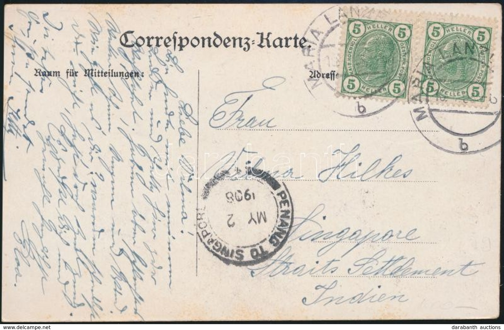 1908 Képeslap Szingapúrba / Postcard To Singapore - Andere & Zonder Classificatie