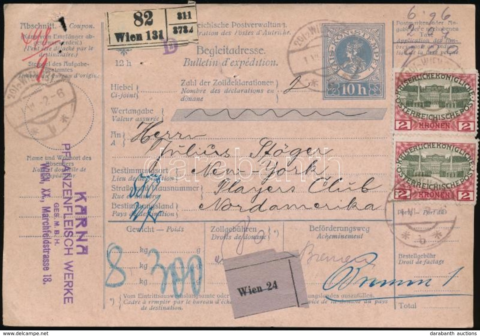 1912 Csomagszállító 9K Bérmentesítéssel New Yorkba / Parcel Card With 9K Franking To New York - Andere & Zonder Classificatie