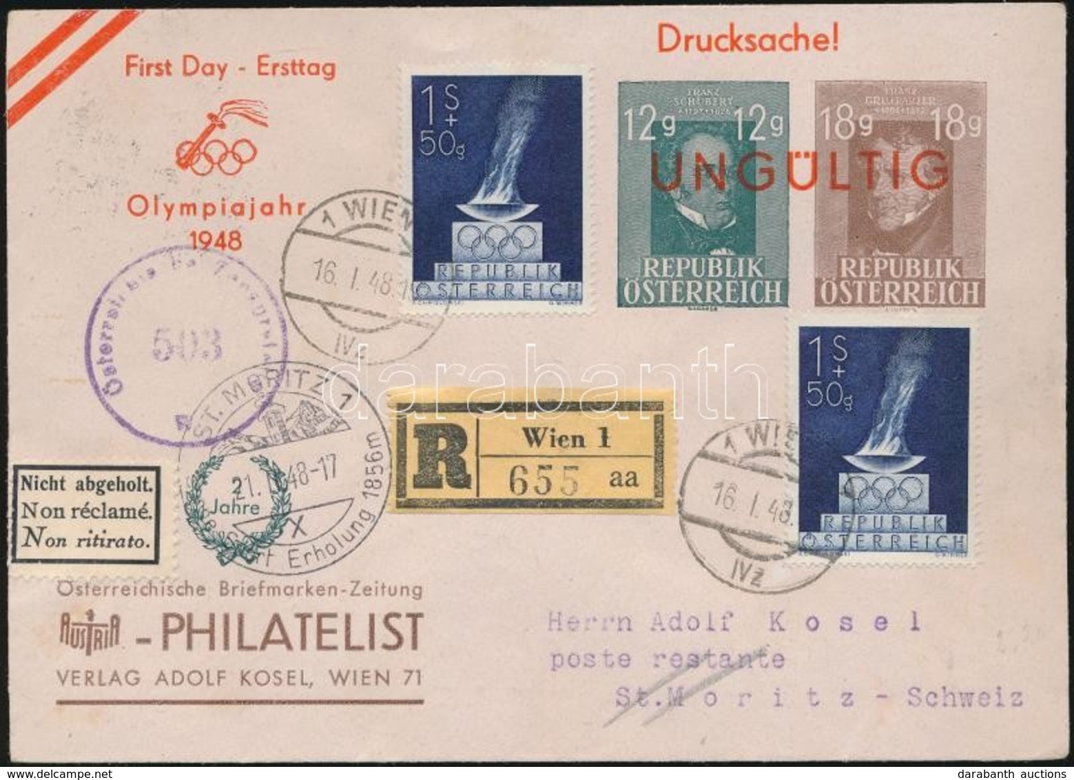 1948 Olimpia Ajánlott FDC Svájcba / Mi 1948 Registered FDC To Switzerland - Altri & Non Classificati