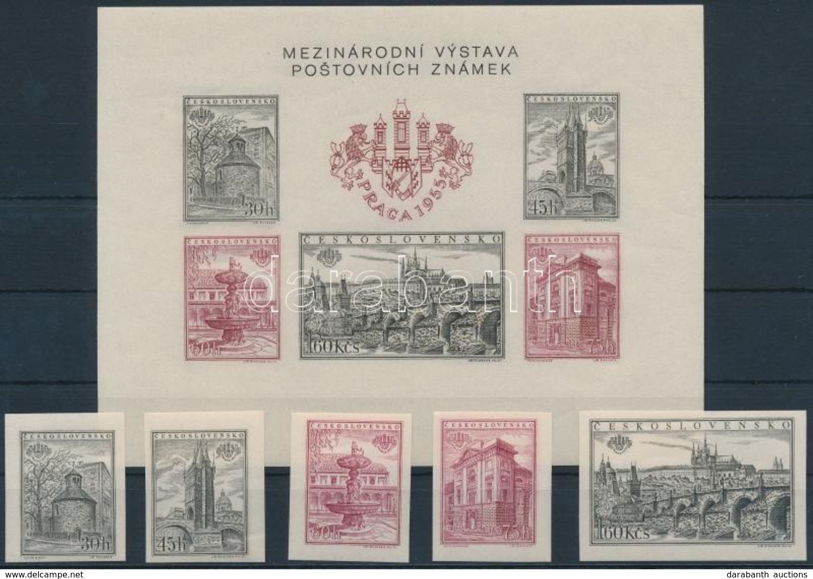 ** 1955 Praga'55 Bélyegkiállítás Vágott Sor Mi 934-938 B + Blokk 16 B - Andere & Zonder Classificatie