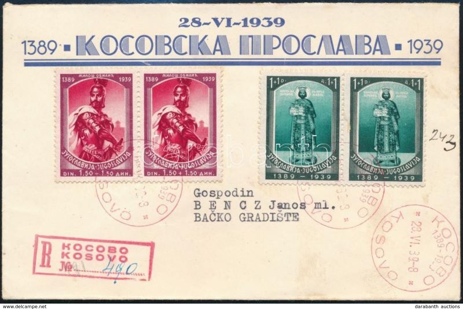 1939 Koszovói Csata Mi 379-380 Ajánlott / Registered FDC - Andere & Zonder Classificatie