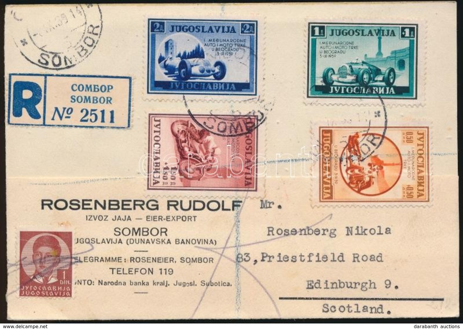 1939  I. Nemzetközi Autóverseny Sor Mi 381-384 Ajánlott Levelez?lapon / On Registered Postcard 'SOMBOR' - Edinburgh - Altri & Non Classificati