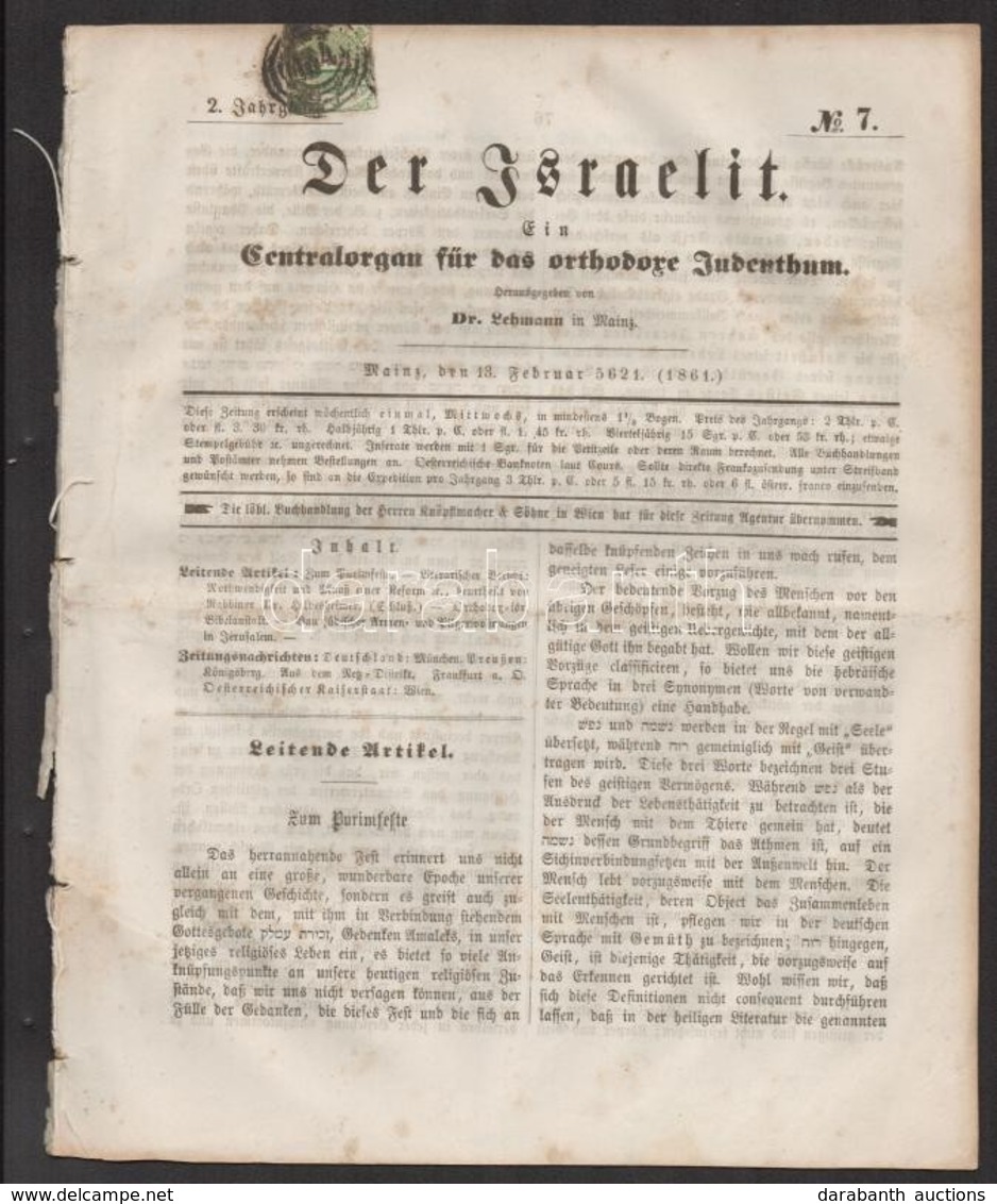 1862 Der Israelit Mainzi Zsidó újság  1Kr Bélyeggel / Jewish Newspaper With 1Kr Stamp - Autres & Non Classés