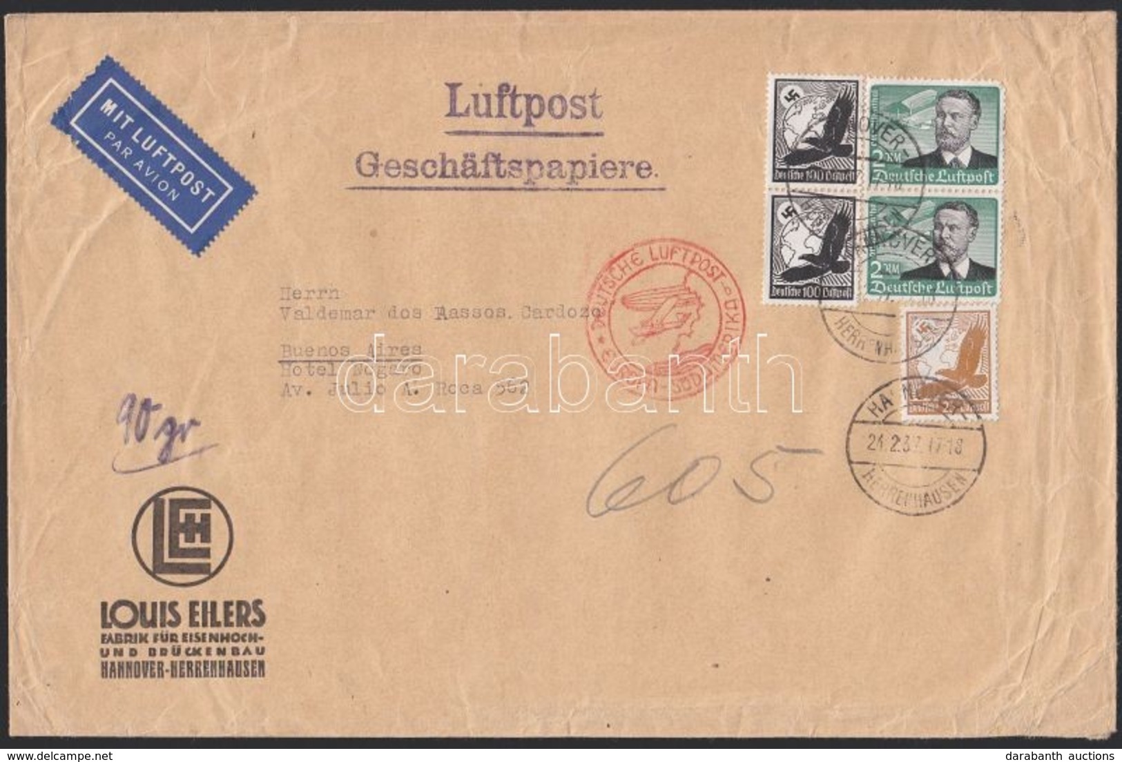 1937 Légi Levél Argentínába 6,25 RM Bérmentesítéssel / Airmail Cover To Argentina With 6,25 RM Franking - Andere & Zonder Classificatie