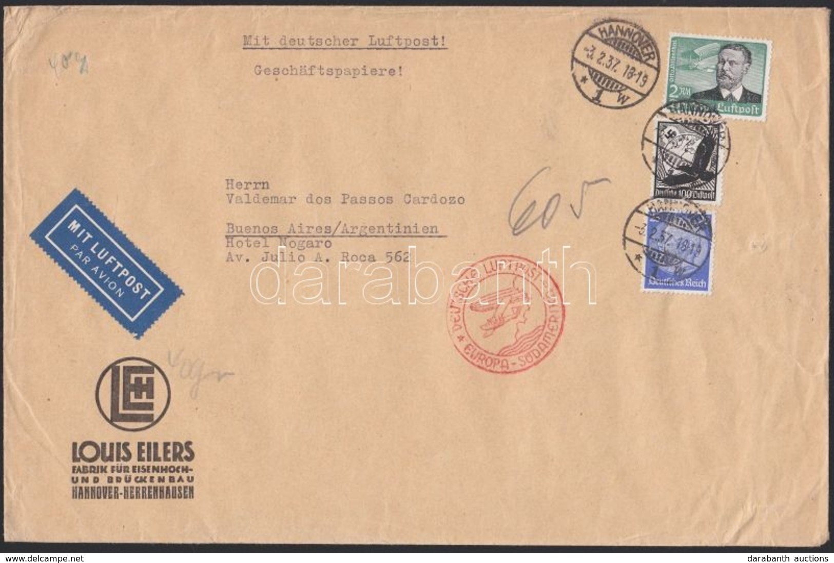 1937 Légi Levél Argentínába 3,25 RM Bérmentesítéssel / Airmail Cover To Argentina With 3,25 RM Franking - Altri & Non Classificati