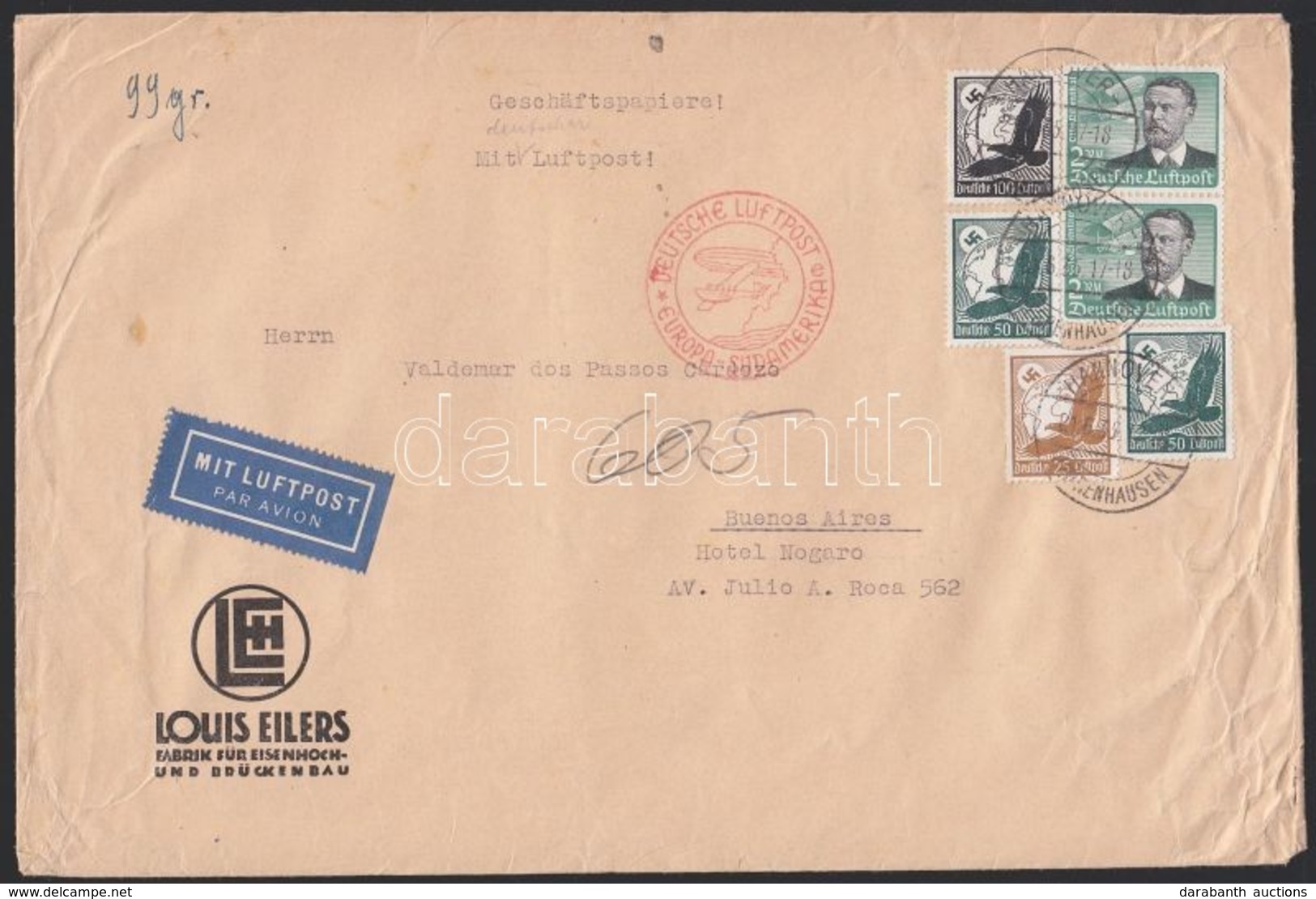 1937 Légi Levél Argentínába 6,25 RM Bérmentesítéssel / Airmail Cover To Argentina With 6,25 RM Franking - Altri & Non Classificati