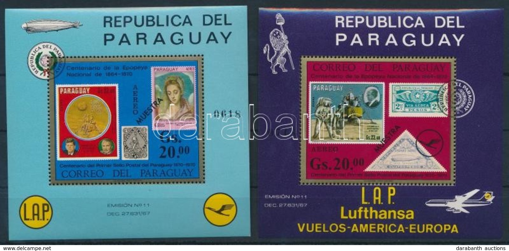 ** 1971 100 éves A Paraguayi Bélyeg Blokkpár Mi 166-167 MUESTRA - Andere & Zonder Classificatie