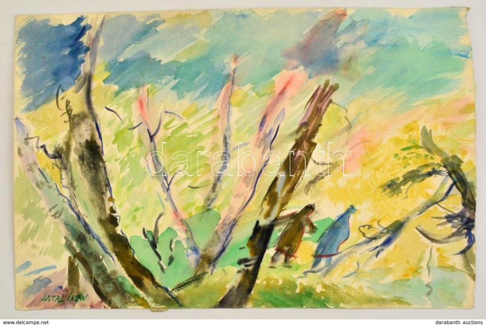 Antal Irén (1903-1999): Szeles Séta, Akvarell, Papír, Jelzett, 33×50 Cm - Autres & Non Classés