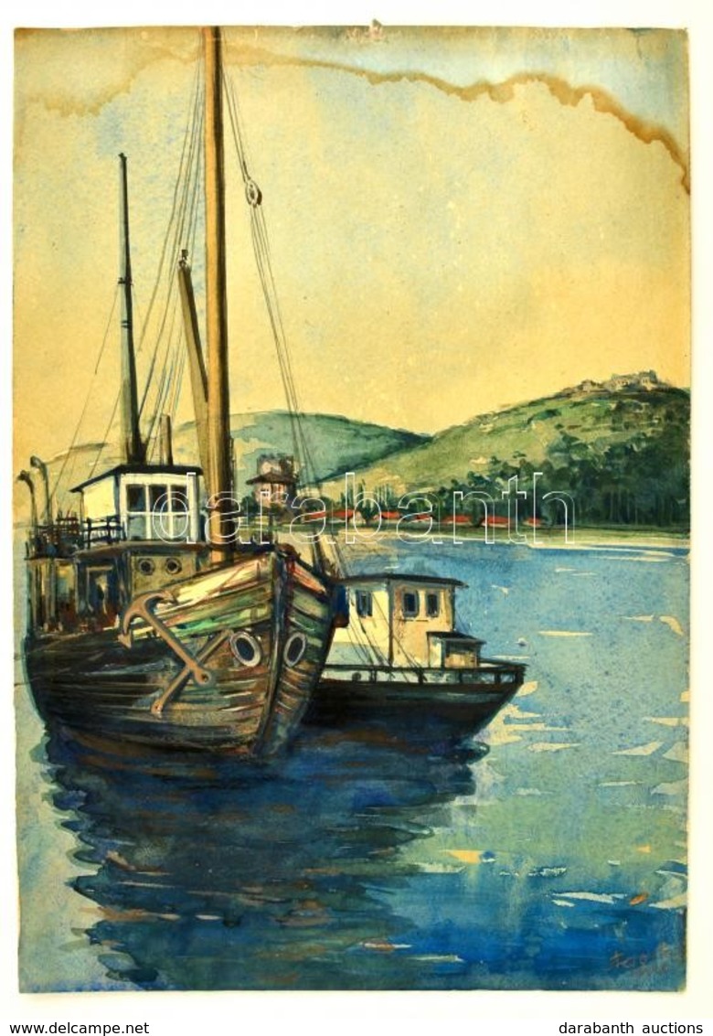 Ágotha Géza (1891-): Hajóvontatás. Akvarell (foltos), Papír, Jelzett, 30×21 Cm - Sonstige & Ohne Zuordnung