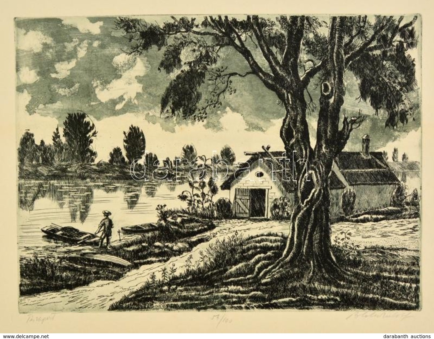 Blahos Rudolf (1917-1986): Tisza-part, Rézkarc, Papír, Jelzett, 28,5×39 Cm - Andere & Zonder Classificatie