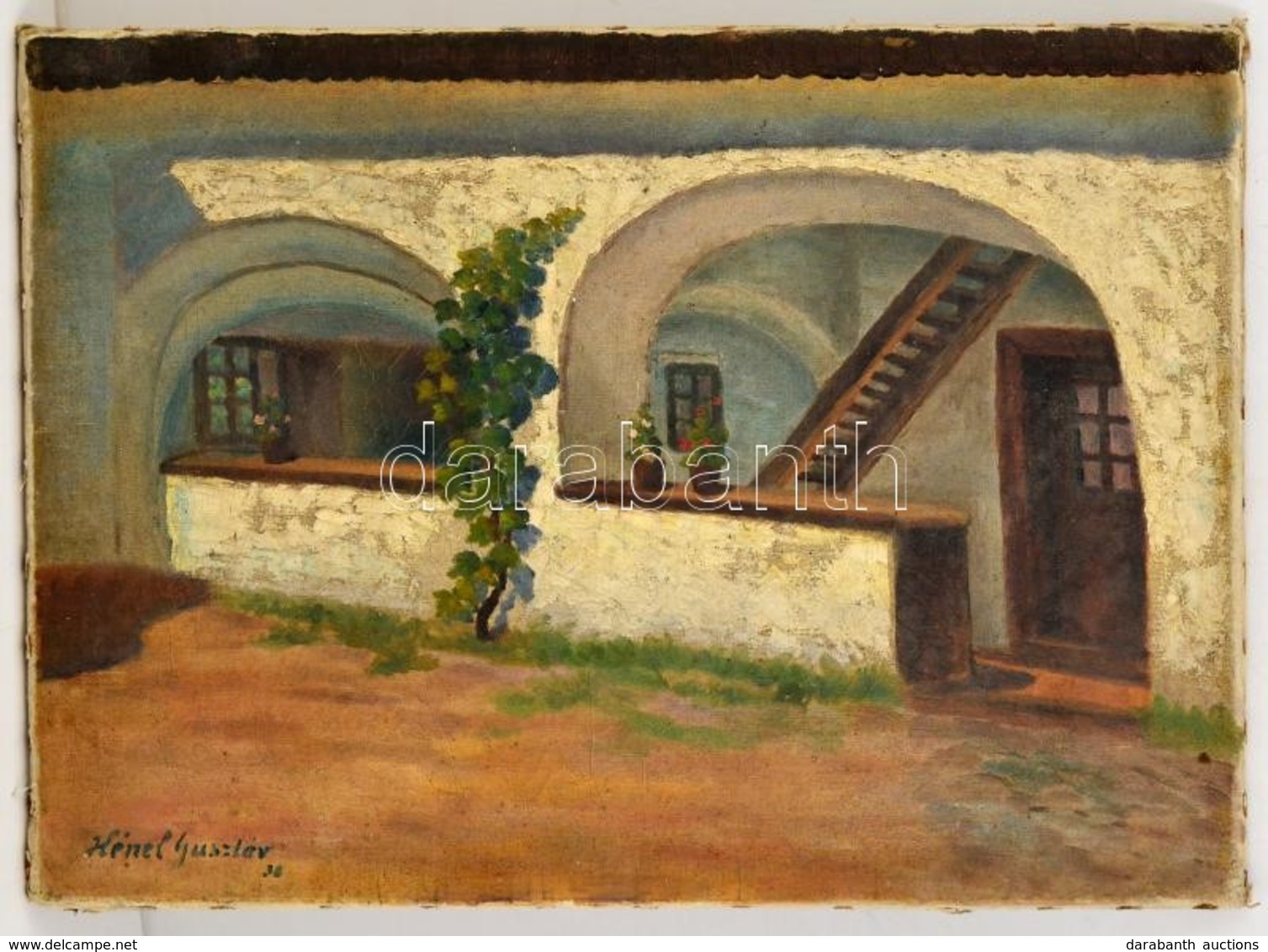 Hénel Gusztáv (1887-1966): Tornác Részlet. Olaj, Vászon, Jelzett, Sérült, 44×59 Cm - Autres & Non Classés