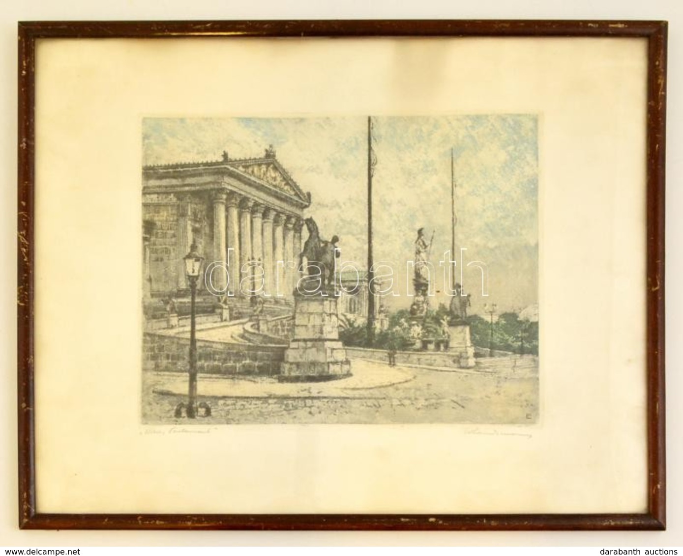 Wilhelm Landsman (1906-1986): Wien, Parlament, Színezett Rézkarc, Papír, Jelzett, üvegezett Fa Keretben, 20×24 Cm - Autres & Non Classés