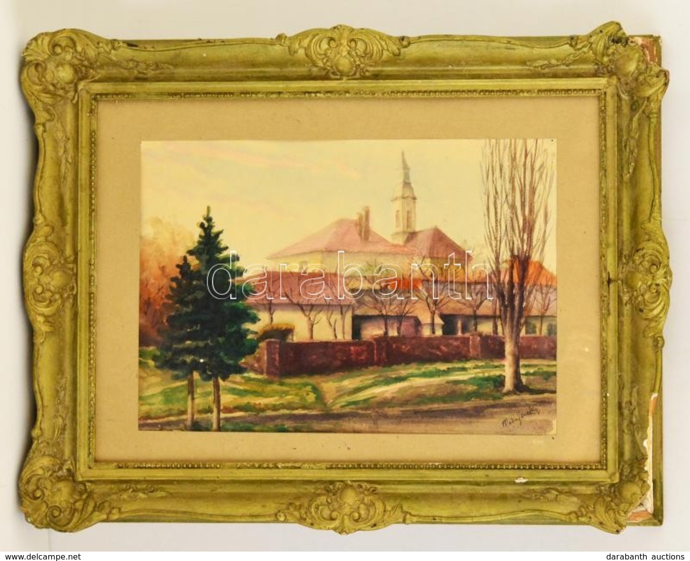 Mednyánszky Jelzéssel: Utcarészlet Templommal. Akvarell, Papír, üvegezett Sérült Keretben, 29×42 Cm - Altri & Non Classificati