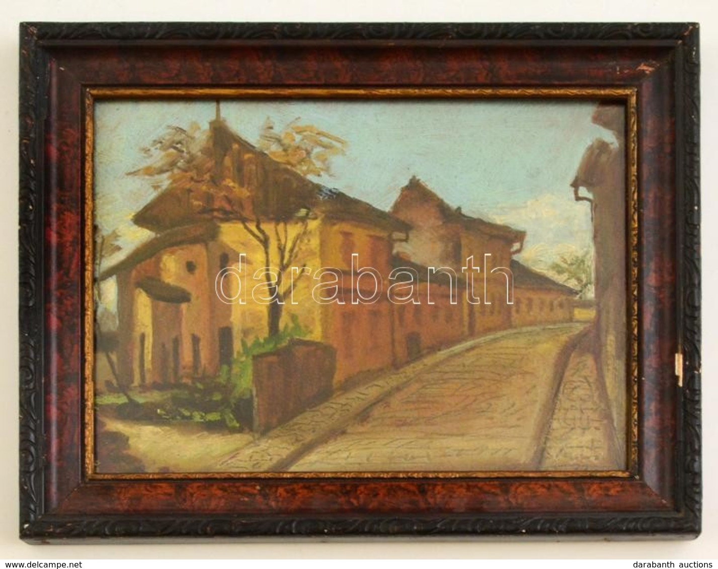 Jelzés Nélkül: Tabáni? Utcarészlet, Olaj, Farost, üvegezett Fa Keretben, 17×23 Cm - Other & Unclassified