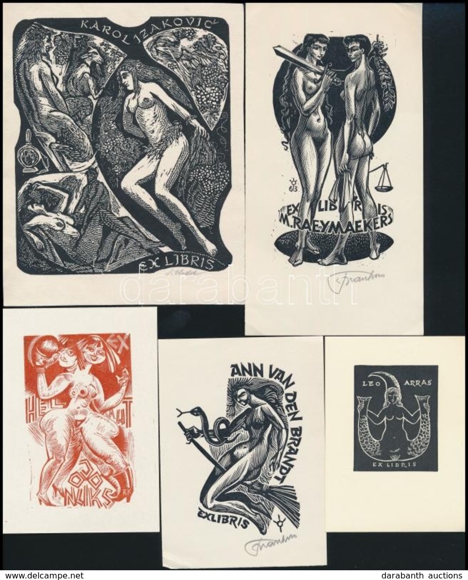 5 Db Erotikus Ex Libris, Magyar-külföldi Vegyesen, Fametszet, 5×4-12×10 Cm - Autres & Non Classés