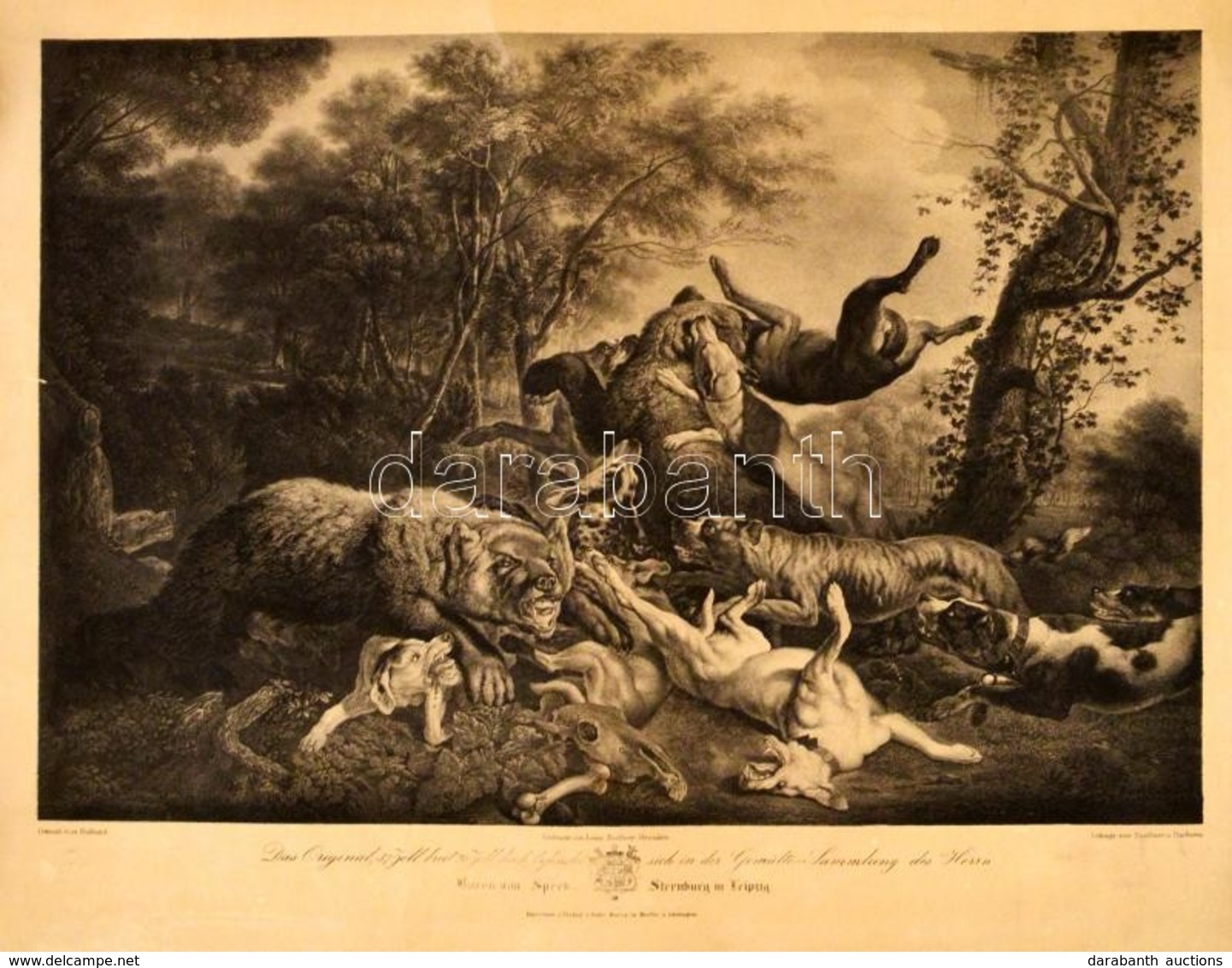 XiX. Sz. Eleje: Medvevadászat Akvatinta, Papír / Bear Hunt. Aquatint, Paper. 37x48 Cm - Estampes & Gravures