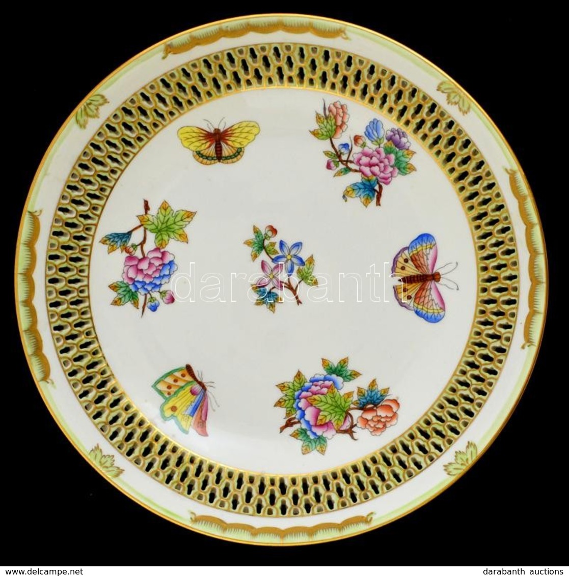 Herendi Viktória Mintás Porcelán áttört Tál, Kézzel Festett, Jelzett, Hibátlan, D: 24,5 Cm - Sonstige & Ohne Zuordnung