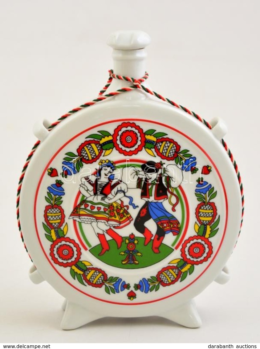 Hollóházi Porcelán Kulacs, Népi Motívummal, Jelzett, Matricás, Hibátlan, M: 20 Cm - Sonstige & Ohne Zuordnung