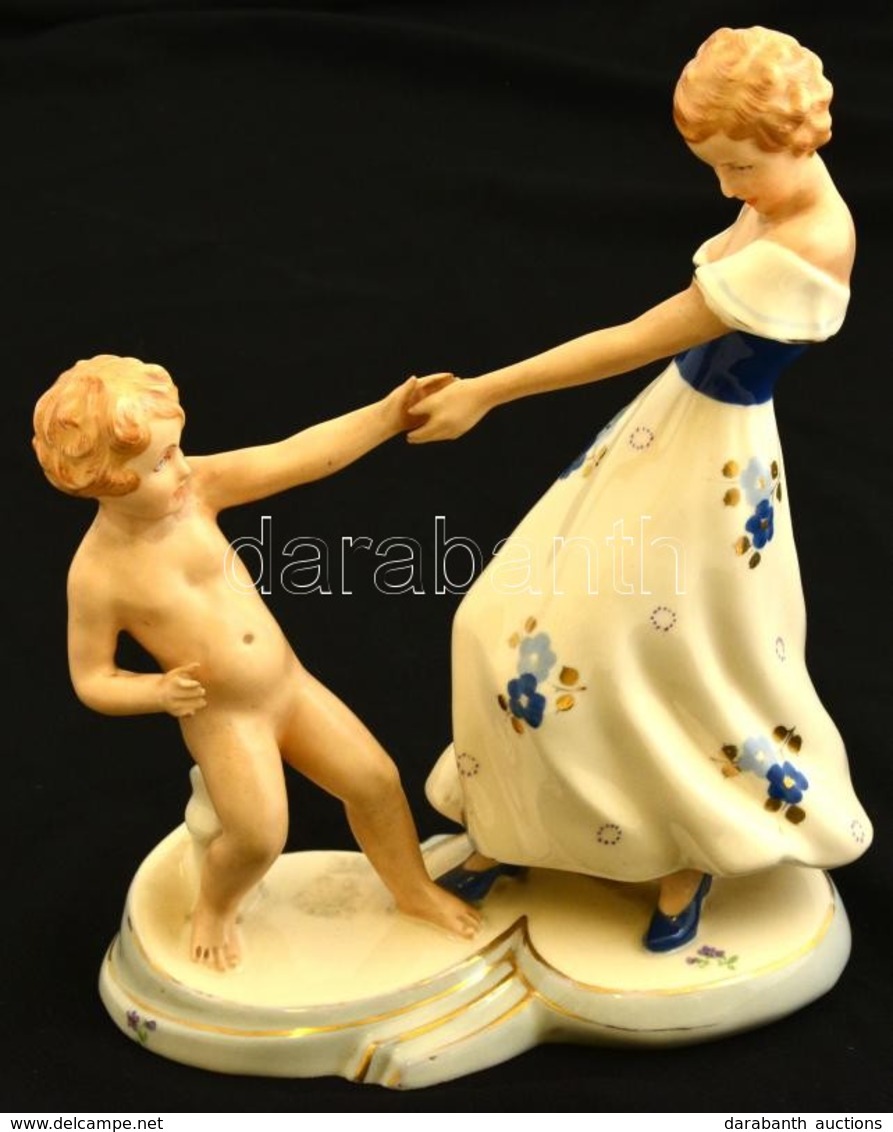 Royal Dux Táncolók, Kézzel Festett, Jelzett (Elly Strobach), Kopott Aranyozás, M:22 Cm, H:18 Cm/ Royal Dux Porcelain Fig - Autres & Non Classés