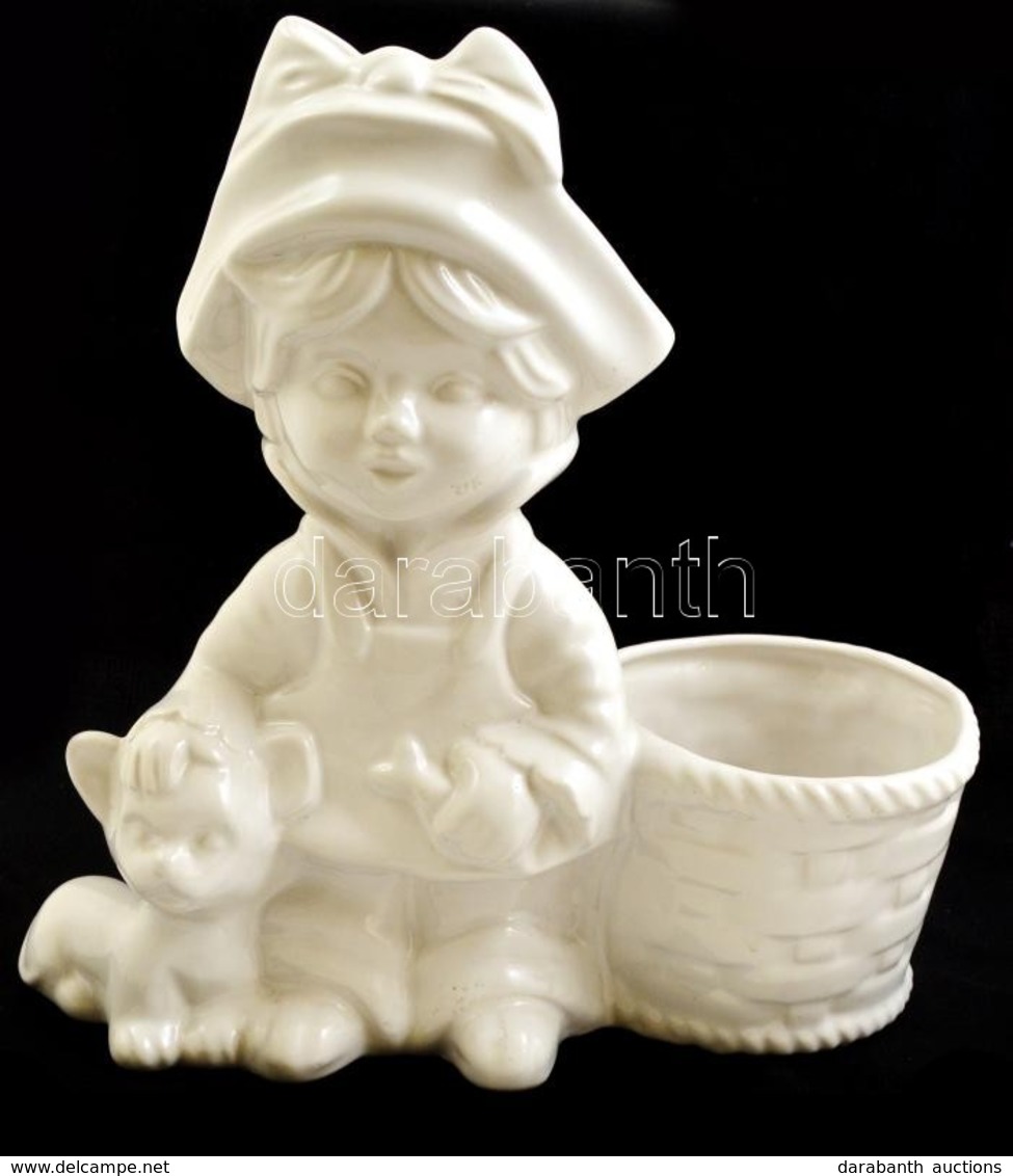 Kislány A Kosárral, Fehér Mázas Jelzett Porcelán, Máz Hibával, M:25 Cm, H:23 Cm - Autres & Non Classés