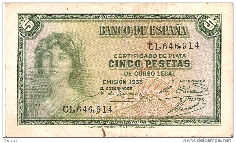 BILLETE DE ESPAÑA DE 5 PTAS DEL AÑO 1935 BC SERIE C (BANKNOTE) - 5 Pesetas