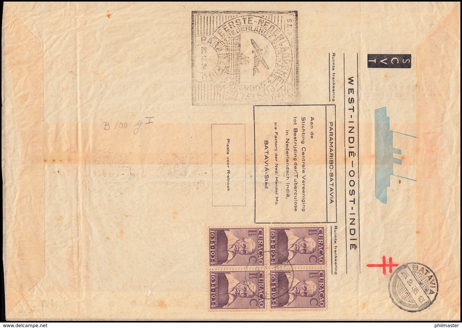 KLM-Luftpost NL-Ind.-Suriname Snip 15.12.1934 BATAVIA 4.12. N. PARAMARIBO 20.12. - Poste Aérienne