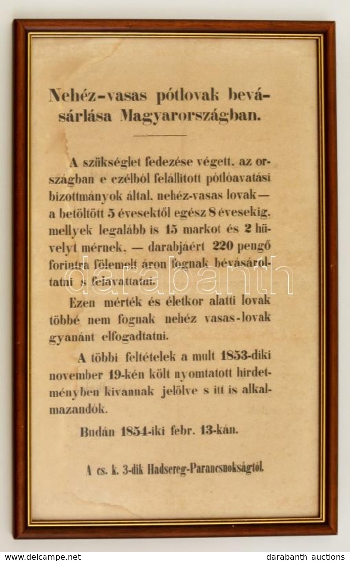 1854 Nehéz Vasas Pótló Bevásárlási Hirdetmény, üvegezett Keretben. - Autres & Non Classés