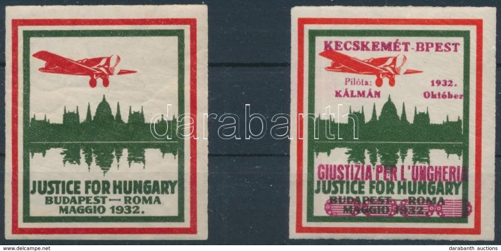 1932 Justice For Hungary Budapest-Róma Levélzáró és Kecskemét-Budapest Felülnyomással - Zonder Classificatie