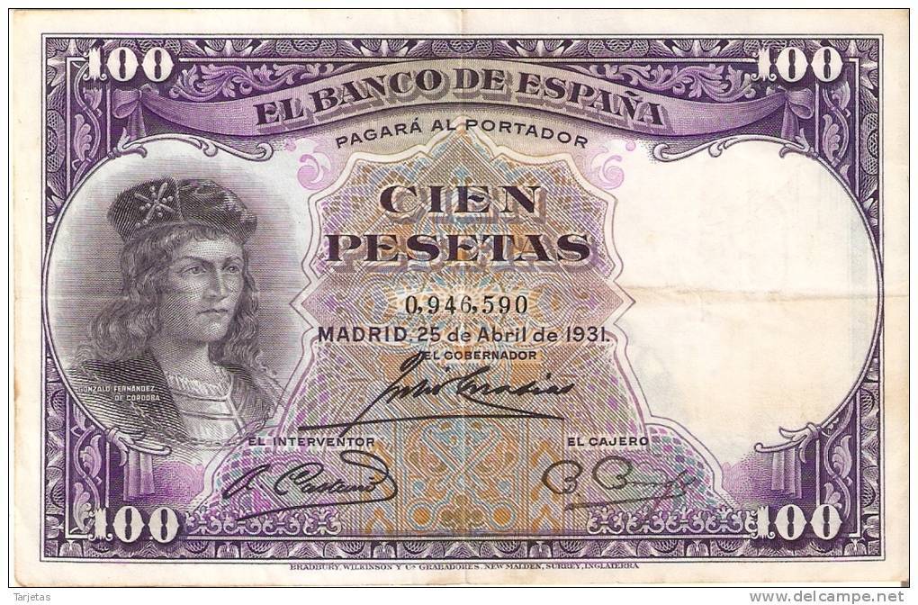 BILLETE DE ESPAÑA DE 100 PTAS DEL AÑO 1931 BC SIN SERIE  (BANKNOTE) - 100 Pesetas