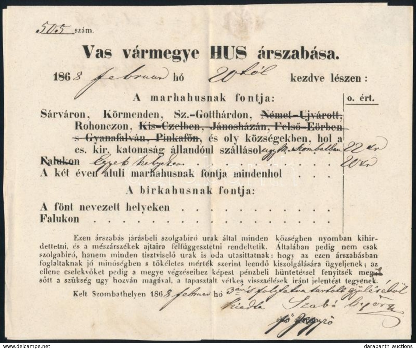 1868 Vas Megyei Hús árszabás, F?jegyz? Aláírásával, Pecséttel, 17x21 Cm - Non Classés