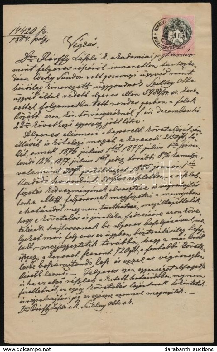 1884 Jákóhalmai Dr. Révffy László (1836-1900) Akadémiai Jogtanár Peres ügyében Született Egyezség Végzése, A Pozsonyi Ki - Non Classés